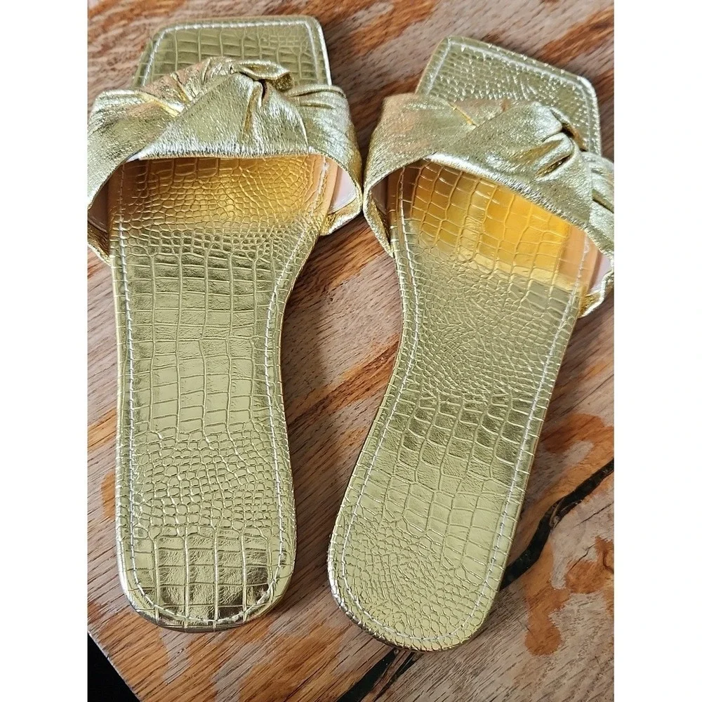 Metallic‎ Gold Knotted Croc Embossed Slides Flats Square Toe EUR 43